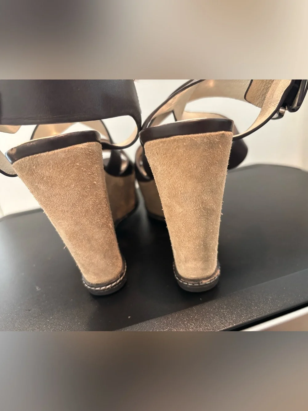 Michael Kors - Women's Brown Leather Strappy Wedge Sandals with Suede Platform